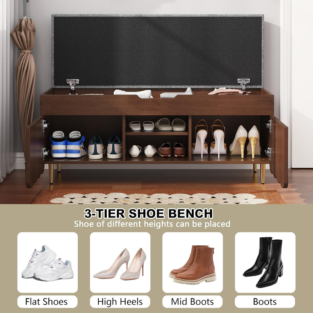 3More 40" Entryway Shoe Storage Bench,Upholstered Hidden Space Beneath Seat Cushion Bench,2-Tier Unique Geometric Shape with Wood Grain,Walnut