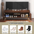 3More 40" Entryway Shoe Storage Bench,Upholstered Hidden Space Beneath Seat Cushion Bench,2-Tier Unique Geometric Shape with Wood Grain,Walnut
