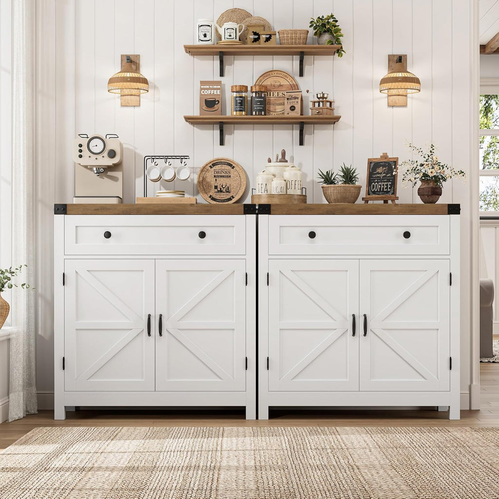HOSTACK 31.5"W Kitchen Storage Cabinet, Farmhouse Coffee Bar Cabinet, White | Small Buffet Cabinet with Doors & Wide Drawer, Wood Sideboard Buffet, Entry Table w/ Adjustable Shelf for Dining Living Room