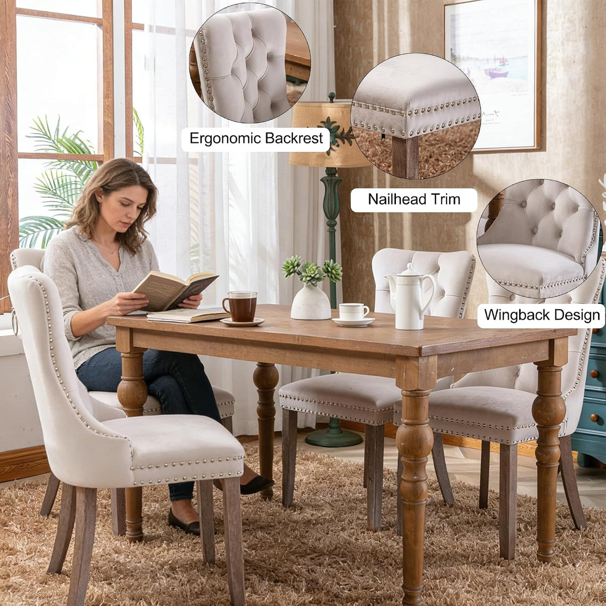 Bellemave Modern Upholstered Dining Chairs Set of 2, 2 Velvet Kitchen Dining Room Chairs with Nailhead Trim for for Living Room, Bedroom,(Beige, Wood Legs)