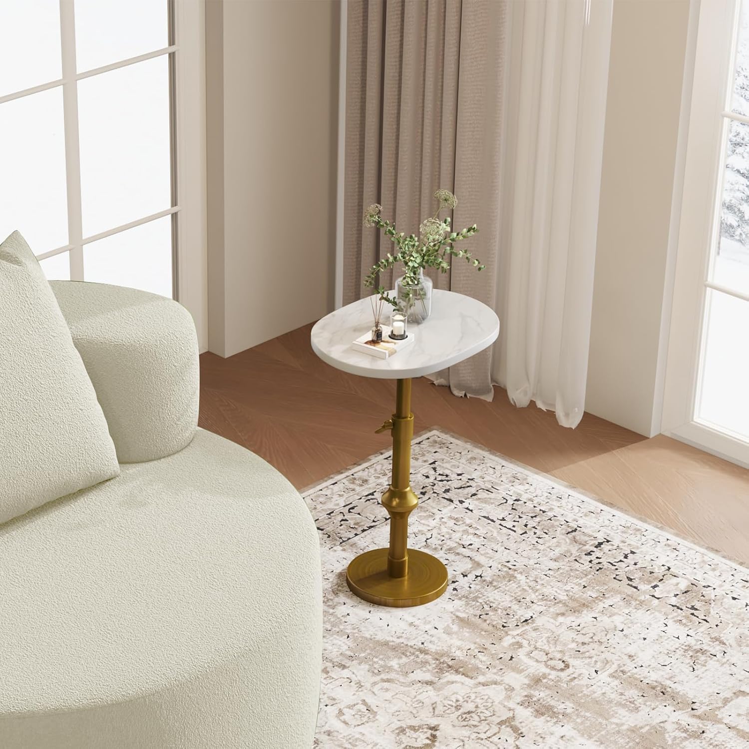 WHGBJA Adjustable Drink Table, 10"x12"x(22“~30") Martini Table with Metal Antique Brass Stand Base, Drink Tables for Small Spaces, Living Room, Bedroom, Or Office (White)