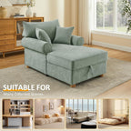 VANOMi Oversized Chaise Lounge Chair Indoor, Comfy Reading Chair with Storage, Chenille Upholstered Sleeper Chair with 2 Pillows Accent Armchair for Living Bedroom, Light Green