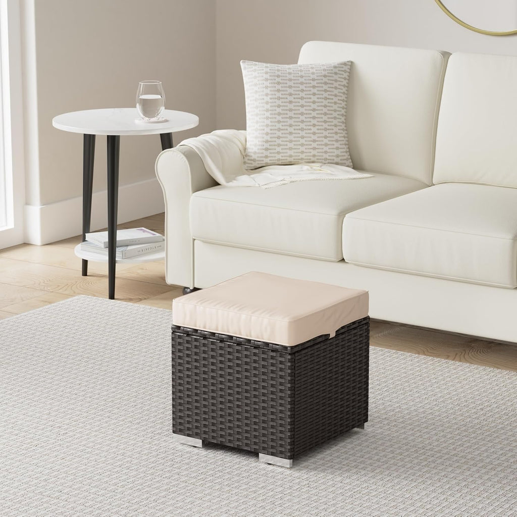 Best Choice Products Set of 2 Wicker Ottomans, Multipurpose Outdoor Furniture for Patio, Backyard, Additional Seating, Footrest, Side Table w/Storage, Removable Cushions - Brown/Beige