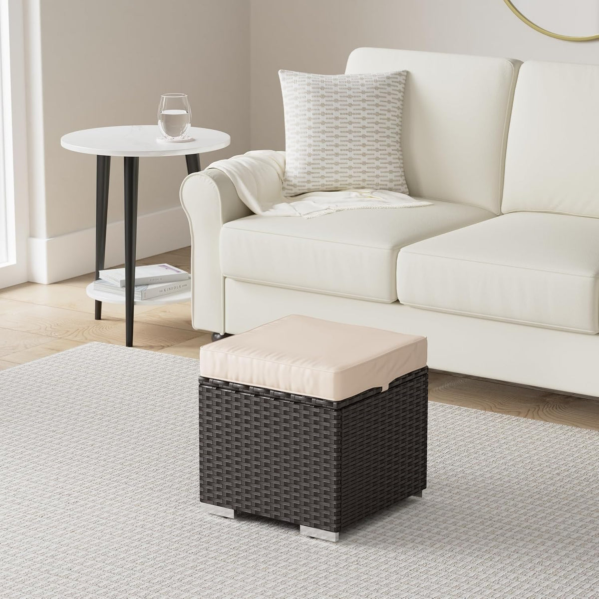 Best Choice Products Set of 2 Wicker Ottomans, Multipurpose Outdoor Furniture for Patio, Backyard, Additional Seating, Footrest, Side Table w/Storage, Removable Cushions - Brown/Beige