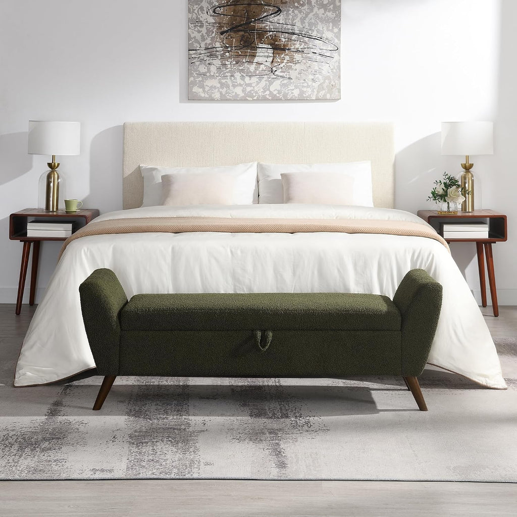 60'' Modern Upholstered Storage Ottoman Bench with Mid-Century Wood Legs, Entryway Bench with Hidden Storage for Living Room, Bedroom, and End of Bed, Comfort Padded Seat (B-Green)