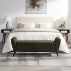 60'' Modern Upholstered Storage Ottoman Bench with Mid-Century Wood Legs, Entryway Bench with Hidden Storage for Living Room, Bedroom, and End of Bed, Comfort Padded Seat (B-Green)