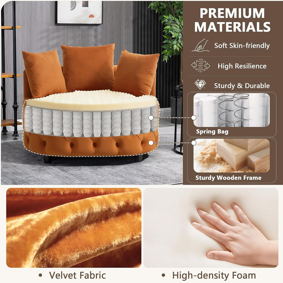 mikibama Round Barrel Accent Chair, Oversized Upholstered Sofa, Velvet High-Resilience Sponge Sofa Chair for Living Room, Bedroom, Apartment