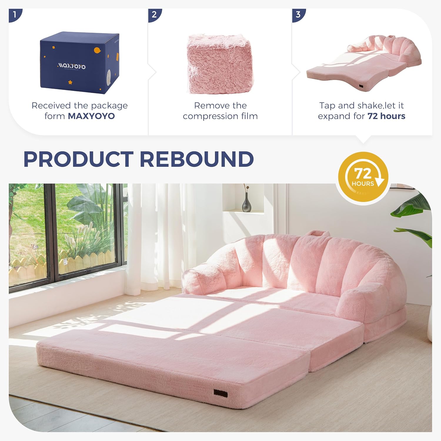 MAXYOYO Folding Sofa Bed, 2 in 1 Convertible Sofa to Lounger | Comfy Loveseat Bean Bag Chair for Adults, Floor Couch with Handle, Faux Fur Couch Bed for Living Room Bedroom, Pink