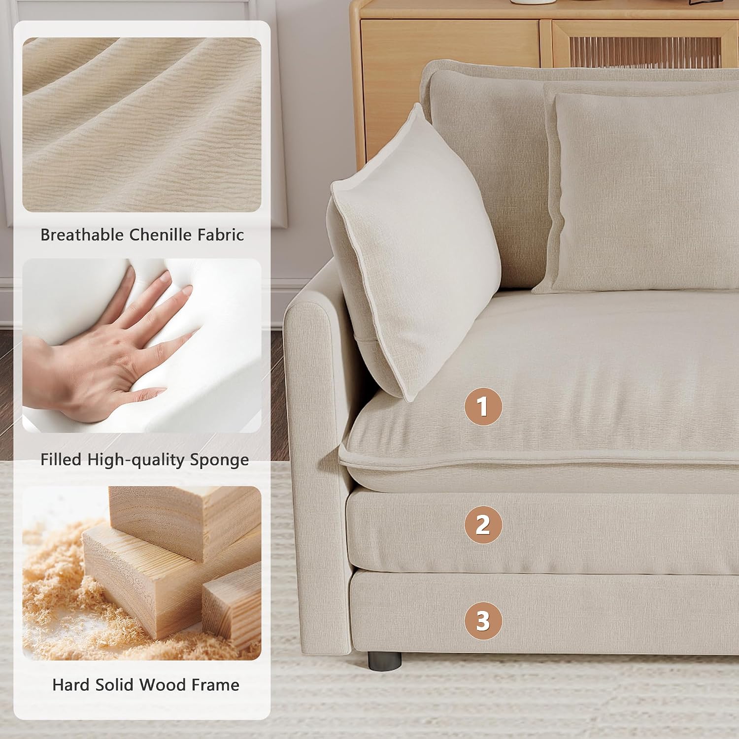 mikibama Luxury Oversized 3 Piece Sofa Set, 2 Pieces of 2 Seater and 1 Piece of 3 Seater Sofa, Modern Chenille Comfy Cloud Couches Set with 13 Pillow for Living Room Office, Light Coffee