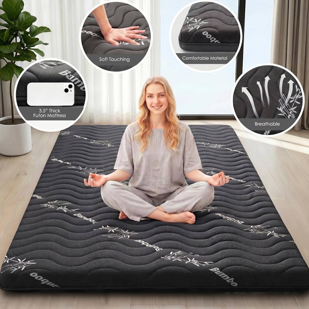 Japanese Floor Futon Mattress, 3.5" Thick Viscose Derived from Bamboo, Twin | Breathable Foldable Futon Mattress Tatami Mat, 100% High Density Foam, Roll Up Floor Bed for Guest Room Bedroom RV, Black