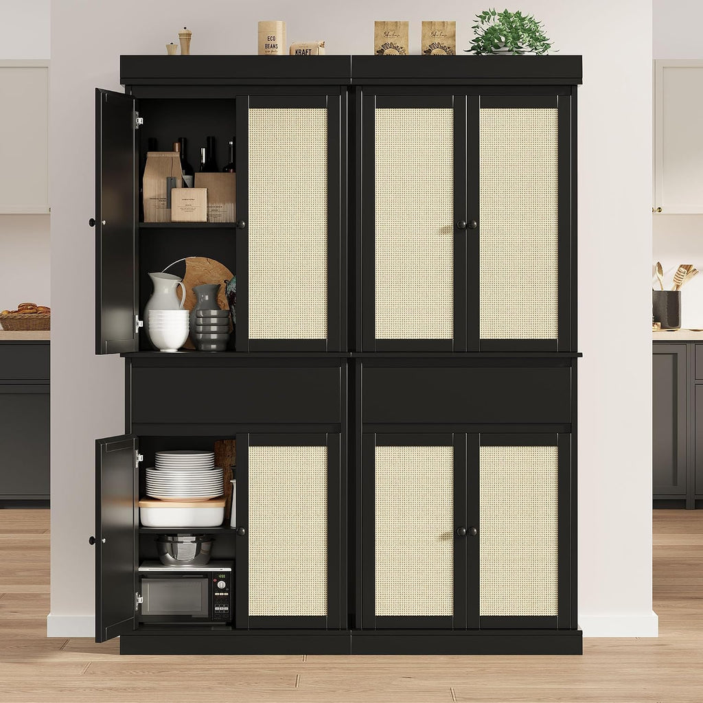 Tall Kitchen Pantry Cabinet with Rattan Doors, Adjustable Shelves & Drawer, Freestanding Storage Cupboard for Bathroom, Dining Room & Living Room（New Black）