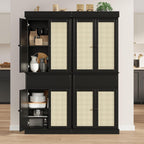 Tall Kitchen Pantry Cabinet with Rattan Doors, Adjustable Shelves & Drawer, Freestanding Storage Cupboard for Bathroom, Dining Room & Living Room（New Black）