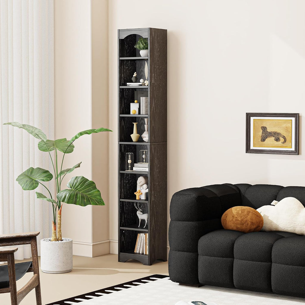 VECELO Curved Top Narrow Tall Bookshelf, 6 Adjustable Movable Shelves, Wood Space Saving Corner Storage Organizer, Sleek Black