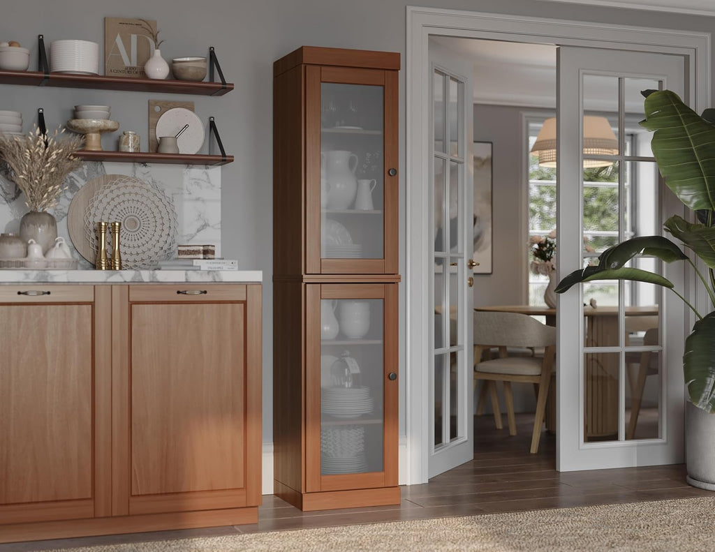 Palace Imports Solid Wood Kitchen Pantry Cabinet w/Frosted Glass Doors - Narrow Storage Cabinet - 16.5" Wide x 71.5" Tall - Mocha, Adjustable Shelves, 100% Eco-Friendly Wood, Modular Cabinets