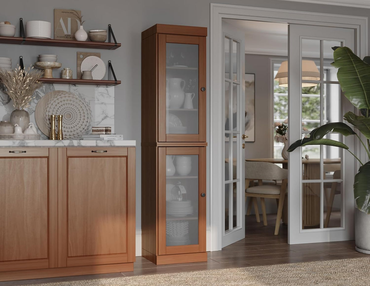 Palace Imports Solid Wood Kitchen Pantry Cabinet w/Frosted Glass Doors - Narrow Storage Cabinet - 16.5" Wide x 71.5" Tall - Mocha, Adjustable Shelves, 100% Eco-Friendly Wood, Modular Cabinets