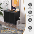 XIAO WEI Farmhouse Boho Sideboard Buffet Cabinet with Black Rattan Doors, Accent Credenza Console Storage Cabinet with Metal Legs for Living Room, Kitchen