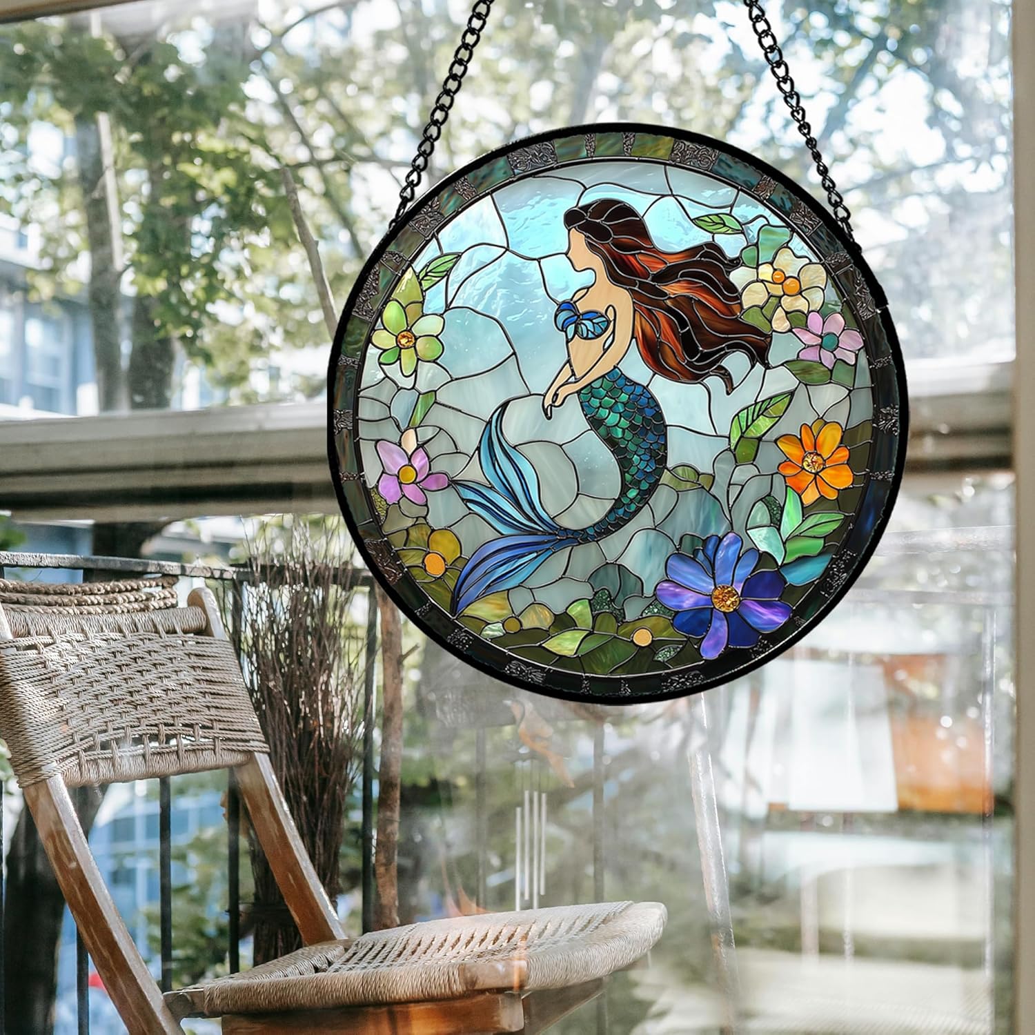 Stained Glass Window Hanging - Light Blue Mermaid Suncatcher for Door Terrace Garden Home Decor, Ocean Flowers Sun Catcher Birthday Gifts for Lovers Women Men Dad Mom Nana 11.8 in