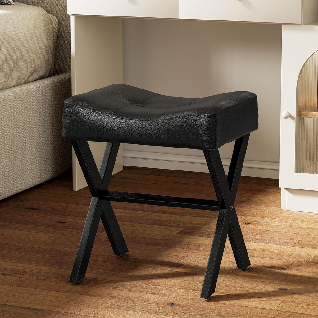 Memobarco 18-Inch Leather Vanity Stool Chair, Vanity Bench with Metal X-Leg, Ottoman Accent Stool with Thick Padded Saddle Seat, Black