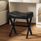 Memobarco 18-Inch Leather Vanity Stool Chair, Vanity Bench with Metal X-Leg, Ottoman Accent Stool with Thick Padded Saddle Seat, Black