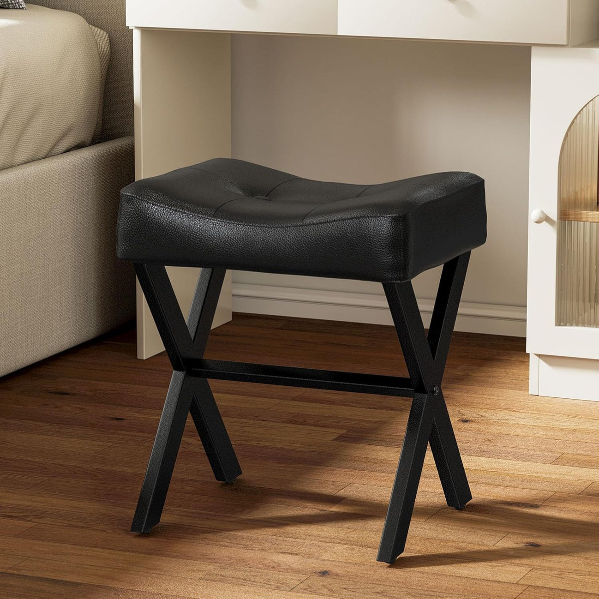 Memobarco 18-Inch Leather Vanity Stool Chair, Vanity Bench with Metal X-Leg, Ottoman Accent Stool with Thick Padded Saddle Seat, Black