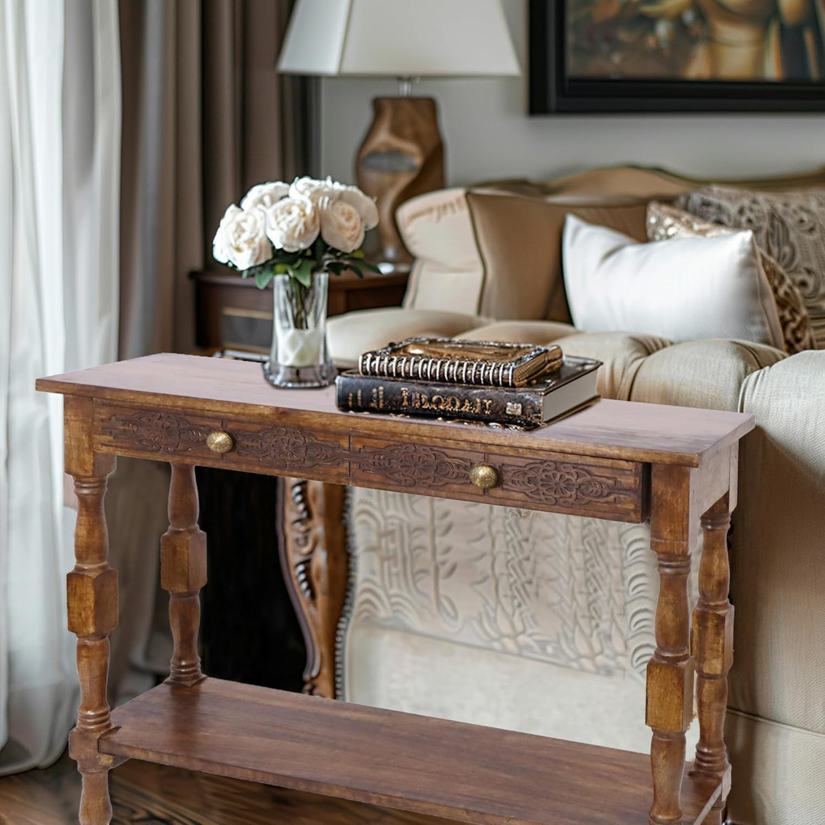COTTON CRAFT Solid Wood Console Table - Hand Carved Accent Sofa Table | Antique Brown 36W x 32H x 11D Table with 2 Drawers- Small Space Hallway Entryway Transitional Traditional Farmhouse Furniture