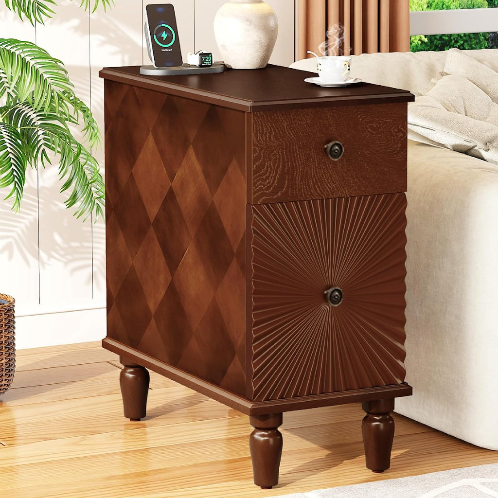 KEIKI Narrow End Table with USB Ports & Outlet, Wooden 2 Drawer Sofa Side Table, Small Corner Nightstand Bedside Tables, Coffee Drink Table for Living Room & Bedroom, Easy Assembly, Brown