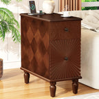 KEIKI Narrow End Table with USB Ports & Outlet, Wooden 2 Drawer Sofa Side Table, Small Corner Nightstand Bedside Tables, Coffee Drink Table for Living Room & Bedroom, Easy Assembly, Brown