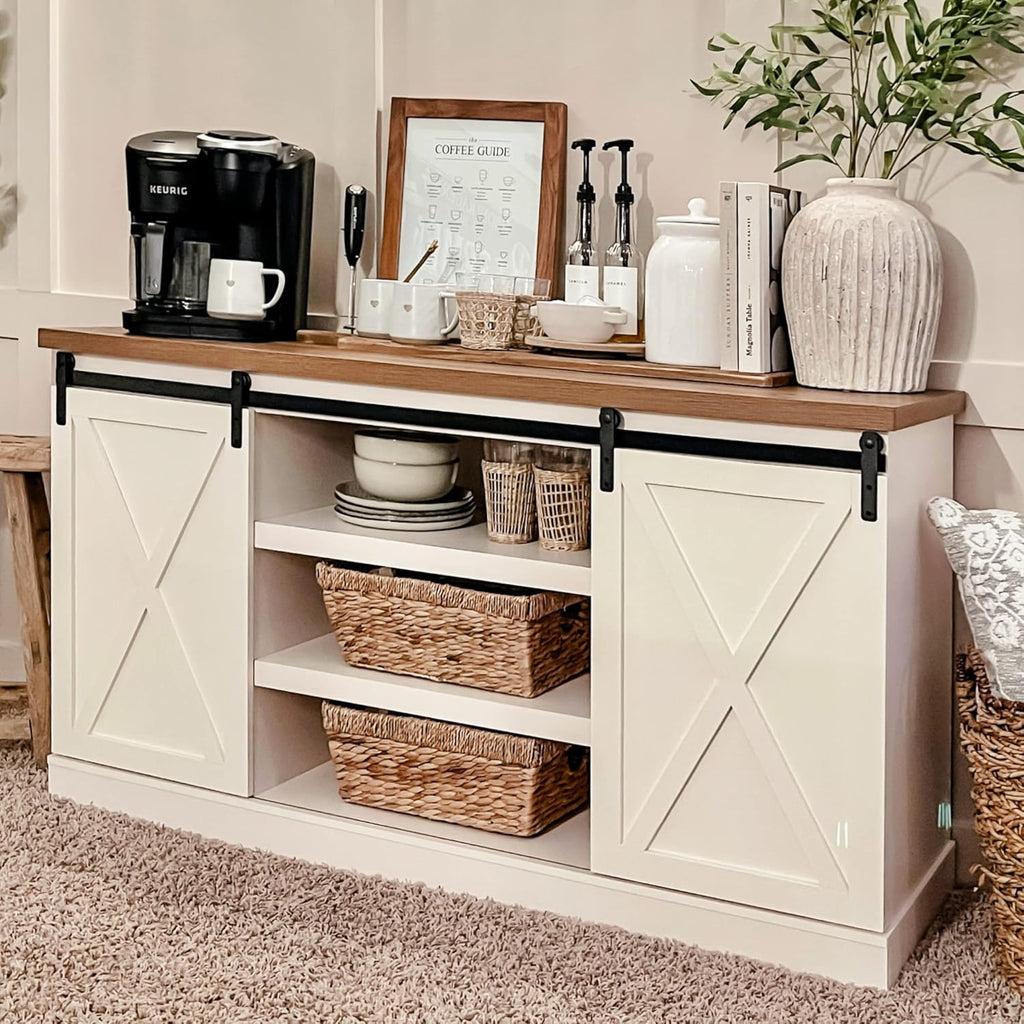 PHI VILLA Farmhouse Coffee Bar Cabinet, Barn Door Kitchen Storage Cabinet | White Farmhouse Coffee Bar Cabinet, Sliding Barn Door Kitchen Sideboard Buffet Storage Cabinet with Shelves for Living Room