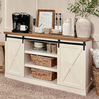 PHI VILLA Farmhouse Coffee Bar Cabinet, Barn Door Kitchen Storage Cabinet | White Farmhouse Coffee Bar Cabinet, Sliding Barn Door Kitchen Sideboard Buffet Storage Cabinet with Shelves for Living Room