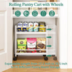 2-Tier Expandable Rolling Pantry Cart with Wheels, Adjustable Floor Organizer for Kitchen Pantry, Can Organizer for Pantry, Storage Cart for Snack, Food, Vegetables, White, Patent Pending