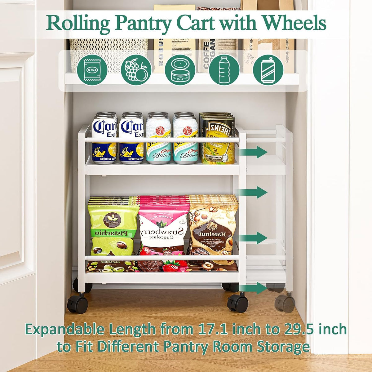 2-Tier Expandable Rolling Pantry Cart with Wheels, Adjustable Floor Organizer for Kitchen Pantry, Can Organizer for Pantry, Storage Cart for Snack, Food, Vegetables, White, Patent Pending