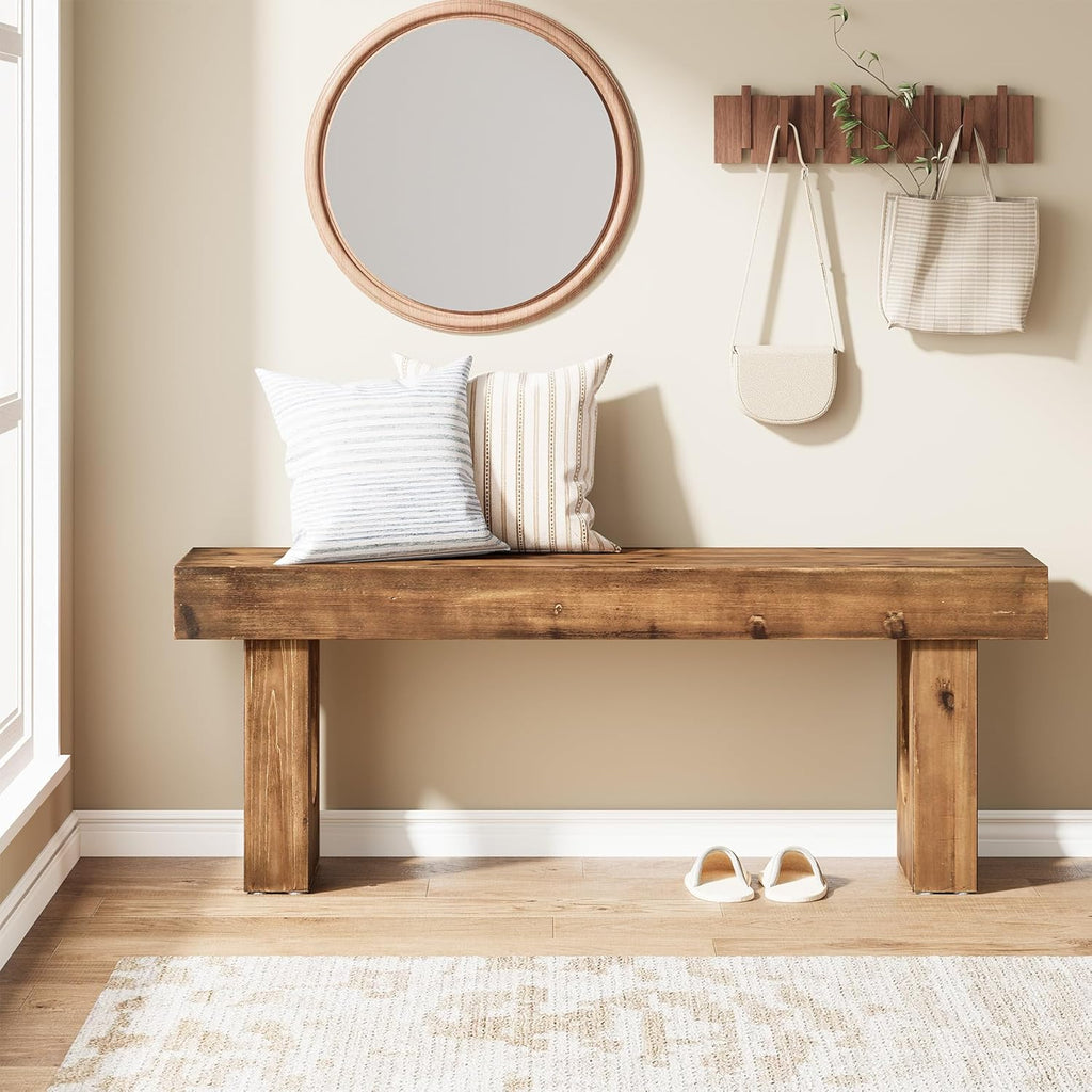 Solid Wood Shoe Bench, 47" Long Farmhouse Entryway Bench with Sturdy Legs, Narrow Rustic End of Bed Bench for Hallway, Living Room, Bedroom, Easy Assembly