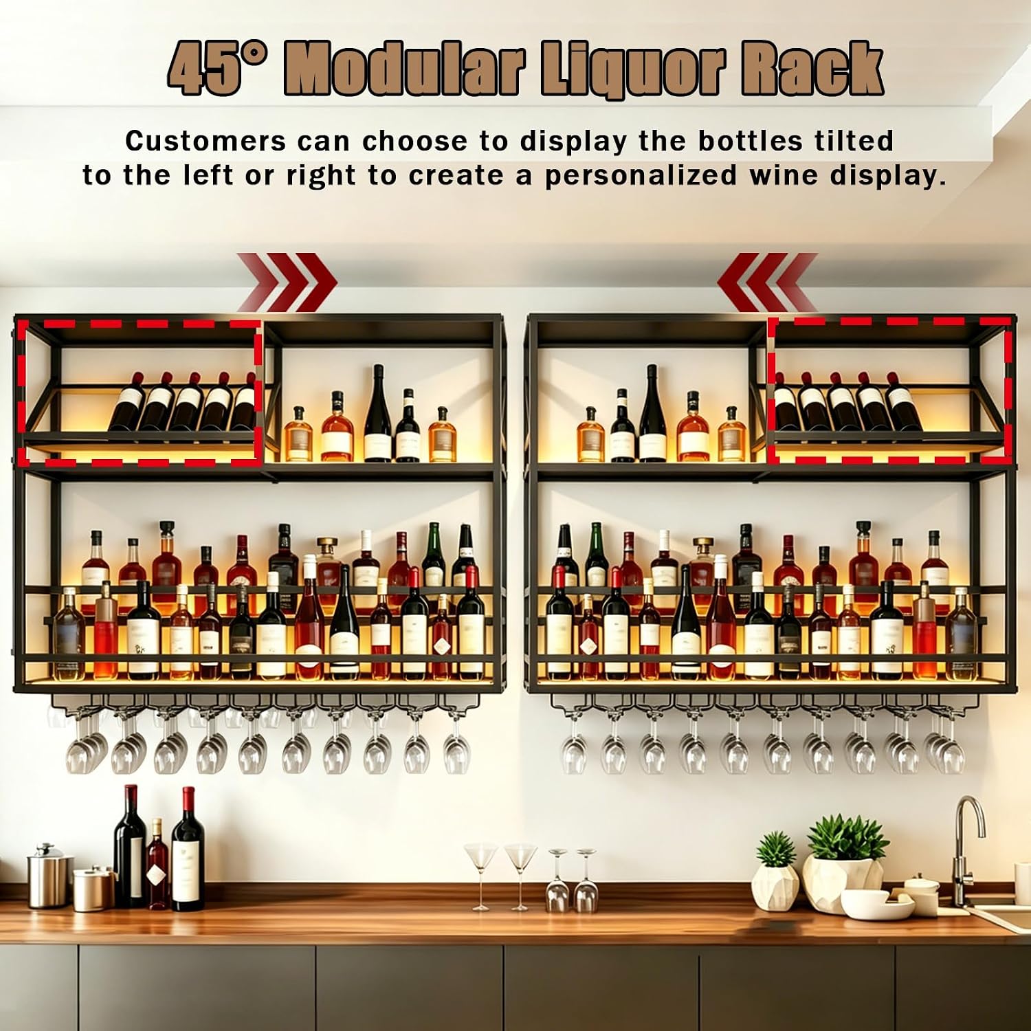 Metal Wall Mounted Liquor Shelf with LED, 31.5in Black (31.5in/80cm) | Floating shelf w/wine glass rack, 45° adjustable step display rack (L-R), for Kitchen/Bar/Cafe/Shop