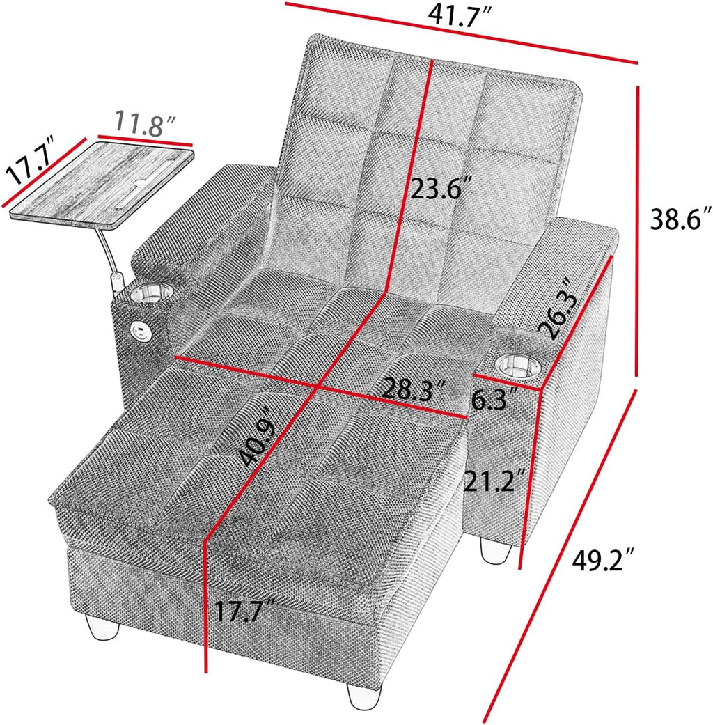 Eafurn Convertible Chaise Lounge Sleeper Chair with Storage and 6-Position Reclining Backrest,Modern Tufted Recliner Lounge Chaise Chair with Swivel Tray Table & USB Port for Living Room