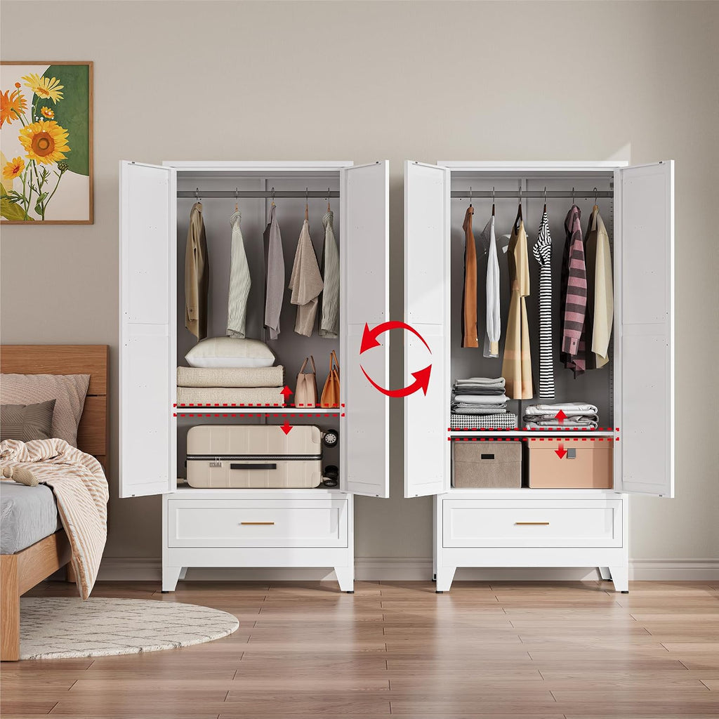 Metal Armoire Wardrobe Closet, Bedroom Armoires with Drawers | 71'' Metal Wardrobe Cabinet with 2 Doors and 2 Adjustable Shelves,Laundry Room Cabinets,Large Wardrobe Closet
