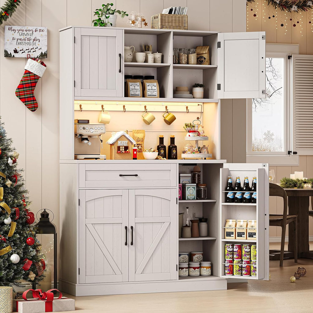 ONBRILL 71" Kitchen Pantry Storage Cabinet with LED Light/Outlet, Off-White | Pantry Cabinet, Kitchen Hutch with Microwave Shelf & 6 Hooks, Door Shelves & Drawer & Adjustable Shelves, for Dining Room