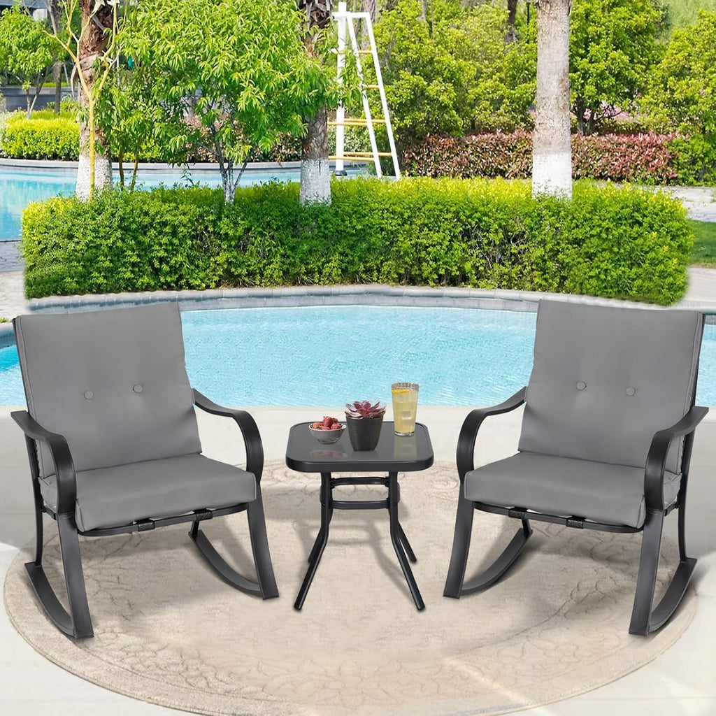 Outdoor 3-Piece Rocking Chairs, Patio Bistro Furniture Set, 2 Black Steel Rocking Chairs with Cushion and Glass Top Coffee Table (Grey)