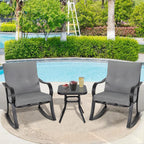 Outdoor 3-Piece Rocking Chairs, Patio Bistro Furniture Set, 2 Black Steel Rocking Chairs with Cushion and Glass Top Coffee Table (Grey)