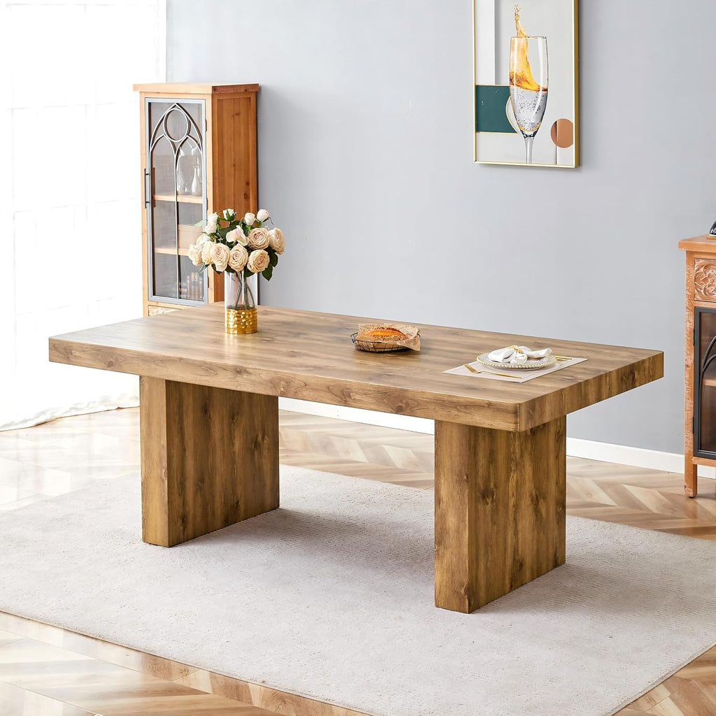gopop Rustic Modern 79" Rectangular Dining Table, Solid Wood Farmhouse Kitchen Table with Sturdy Legs, Wooden Dining Room Table for 6–10 People