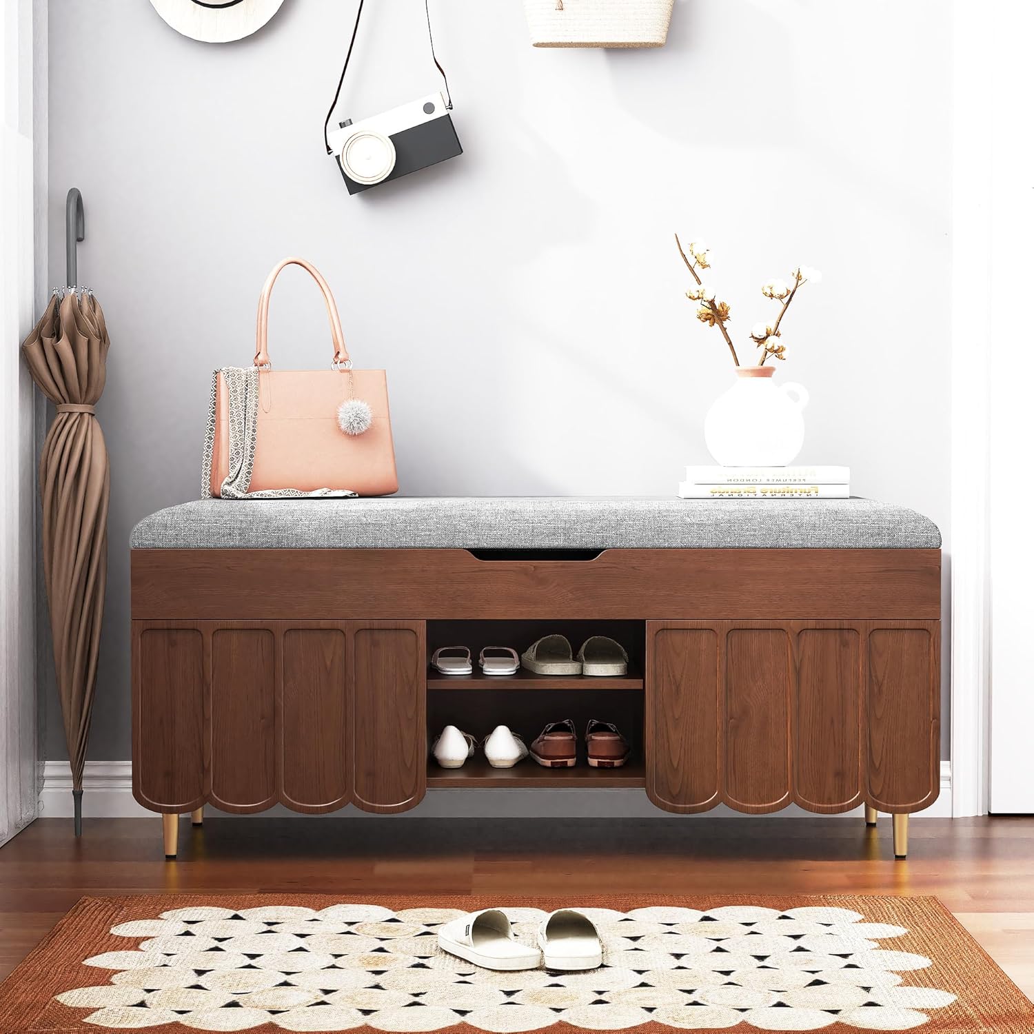 3More 40" Entryway Shoe Storage Bench,Upholstered Hidden Space Beneath Seat Cushion Bench,2-Tier Unique Geometric Shape with Wood Grain,Walnut