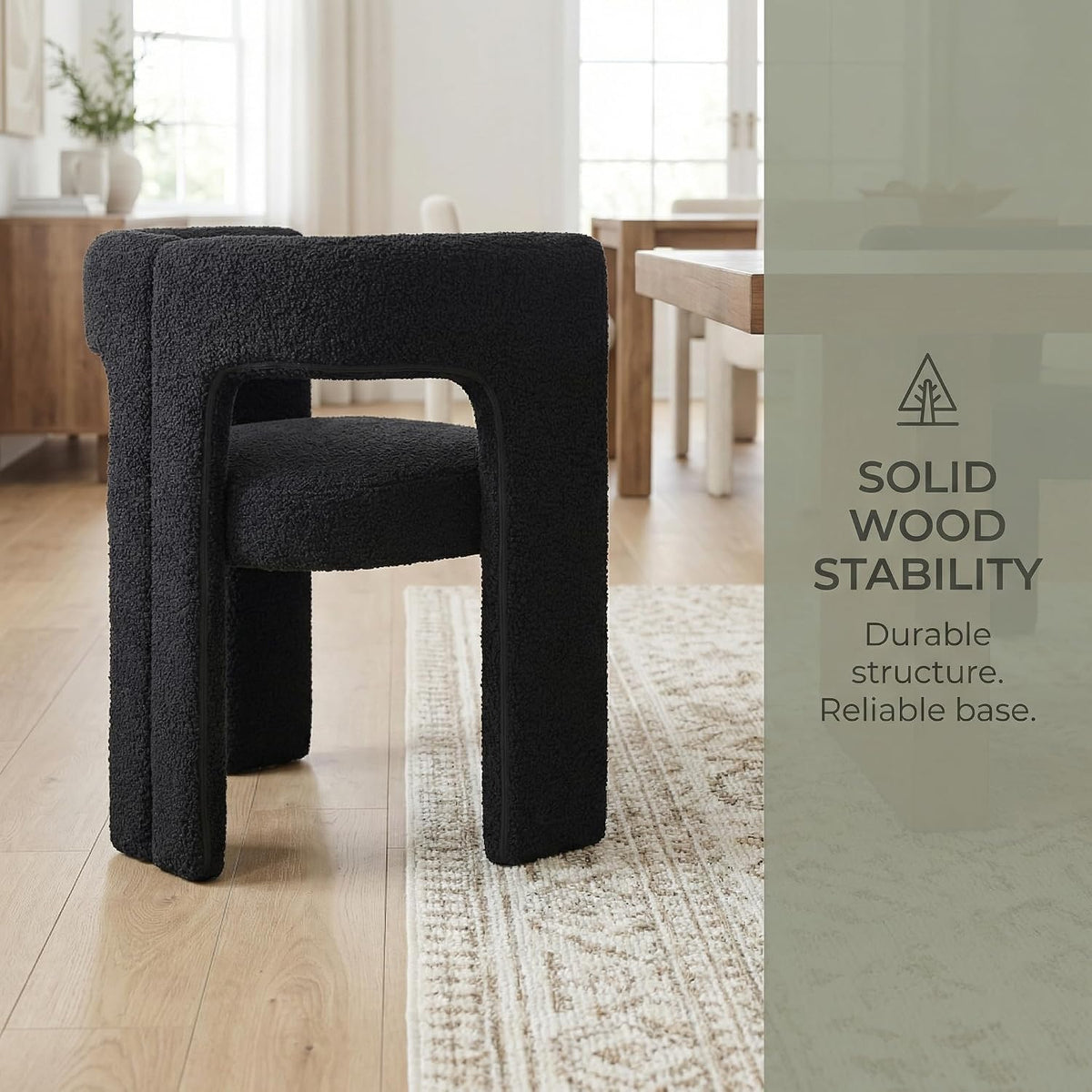 VESCASA Modern Barrel Dining Chairs Set of 2 with Open Back, Upholstered Boucle Accent Kitchen Armchairs with Wood Legs for Dining Room Reception Small Space, Black