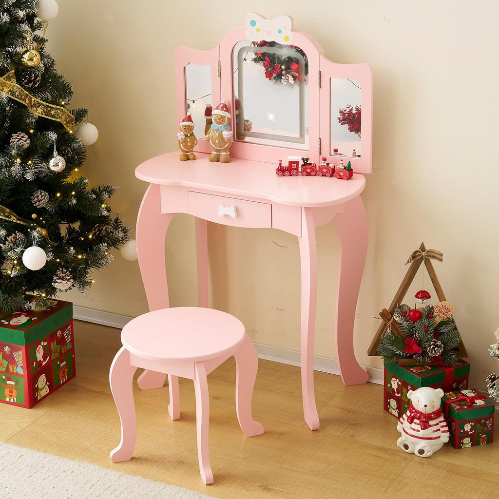 Vanity Set,ShyneeMakeup Dressing Vanity Set Wooden Princess Makeup Table with Cushioned Stool,Drawer,Wooden Legs and Mirror, Make Up Dressing Play Set for Girls (Pink Bow)
