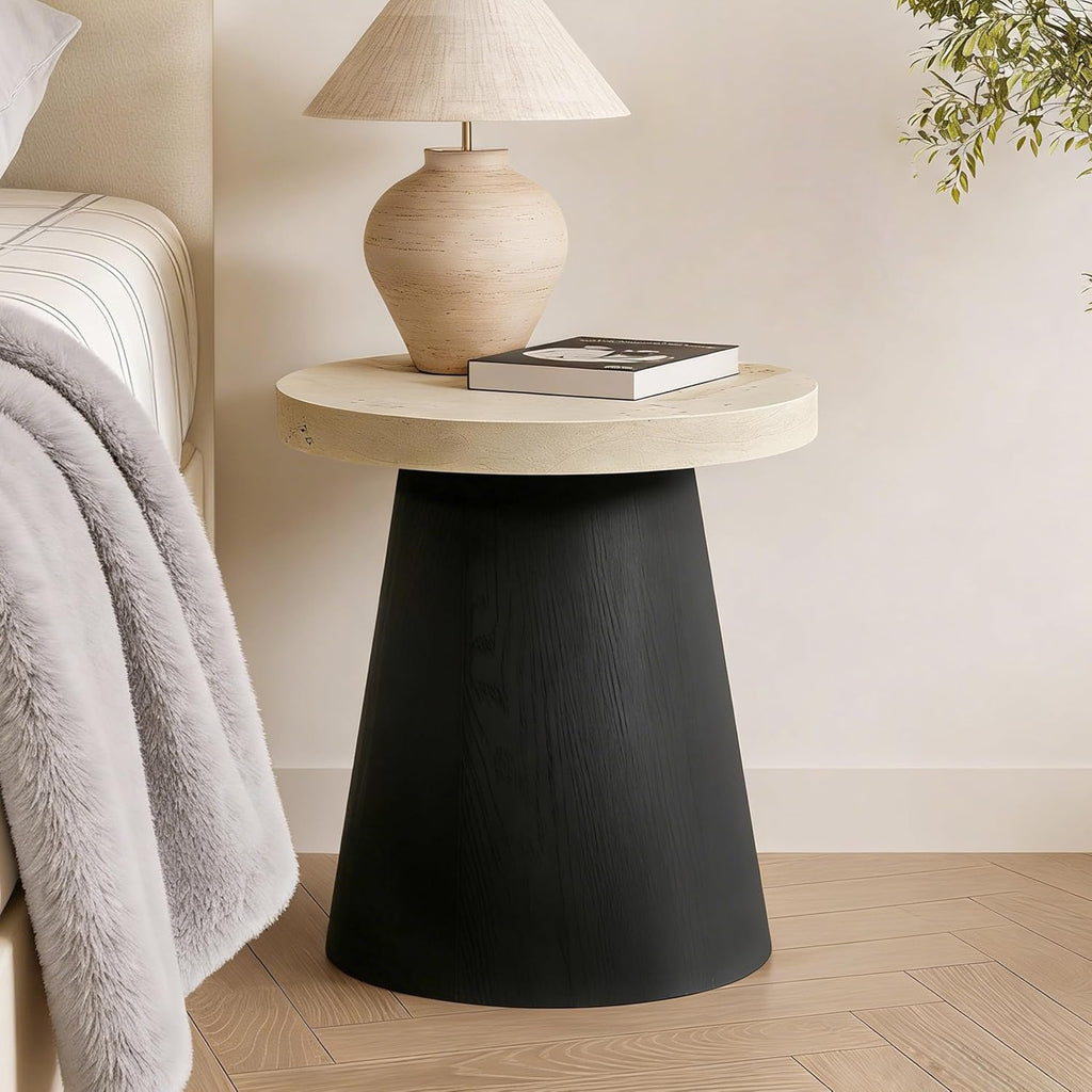 LuxenHome Side Table, 19'' Small Round Accent End Table, Light Wood Finish Top with Black Base Beside Table for Small Spaces, Modern Boho Nightstand for Living Room,Bedroom,Home Office