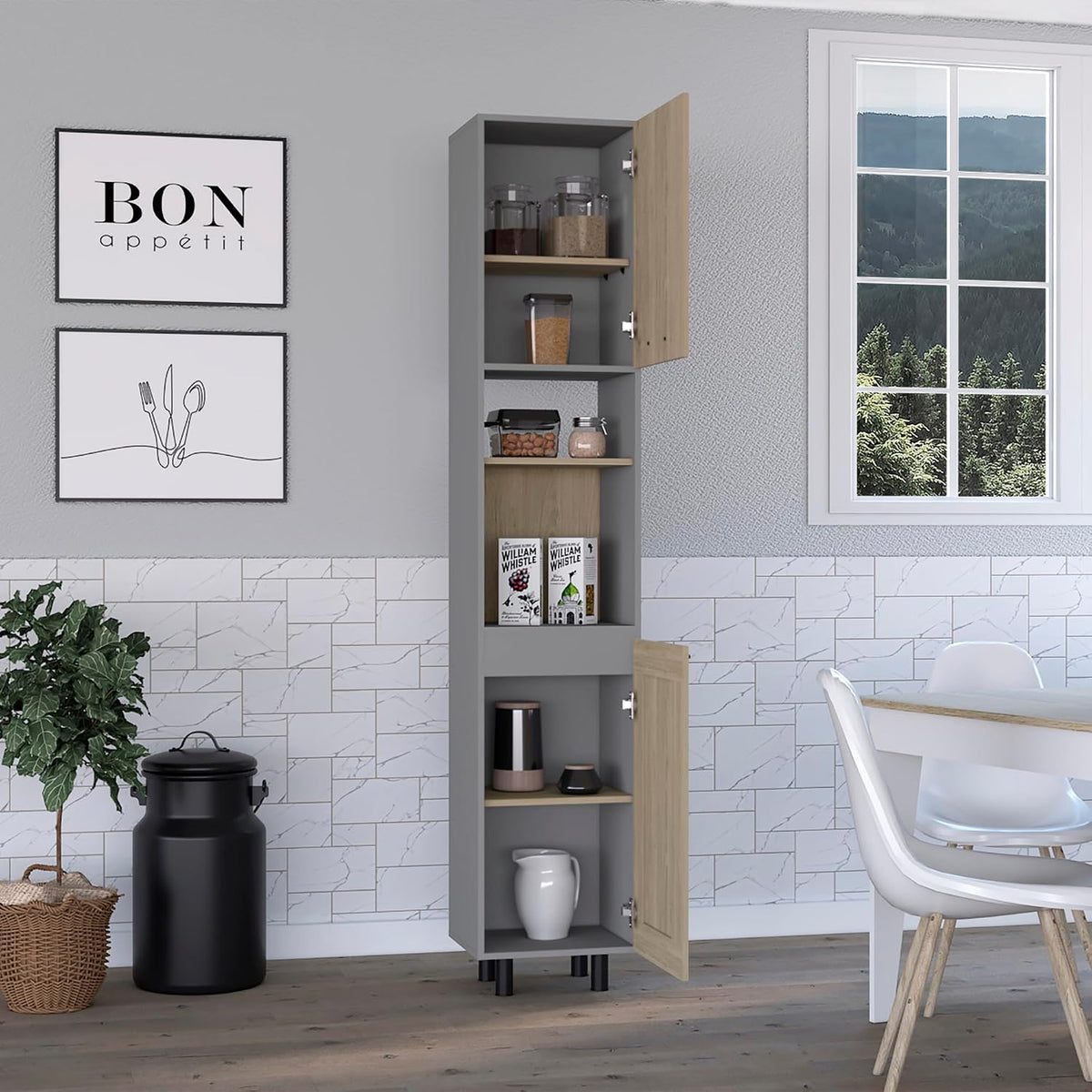 Hasselt Kitchen Pantry, Double Door, Six Shelves -Light Pine