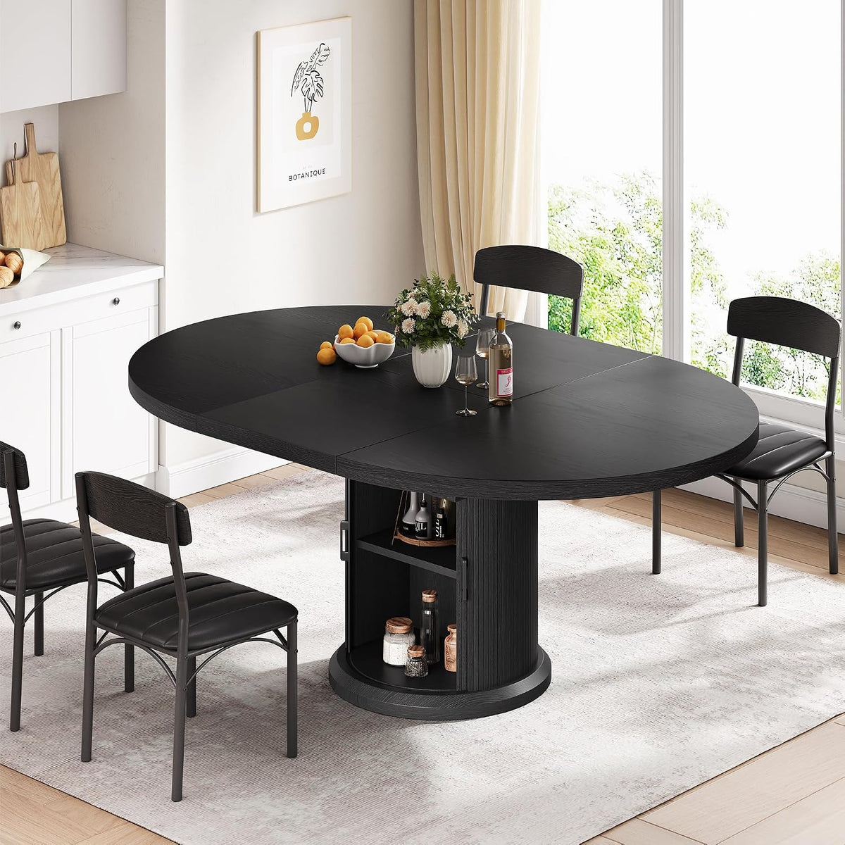 Jocoevol Extendable Round Kitchen Dining Room Table for 4-6 with 2-Tier Storage Shelf, 63'' Space Saving Expandable Wood Oval Circle Dinner Furniture with Pedestal Base(Black)
