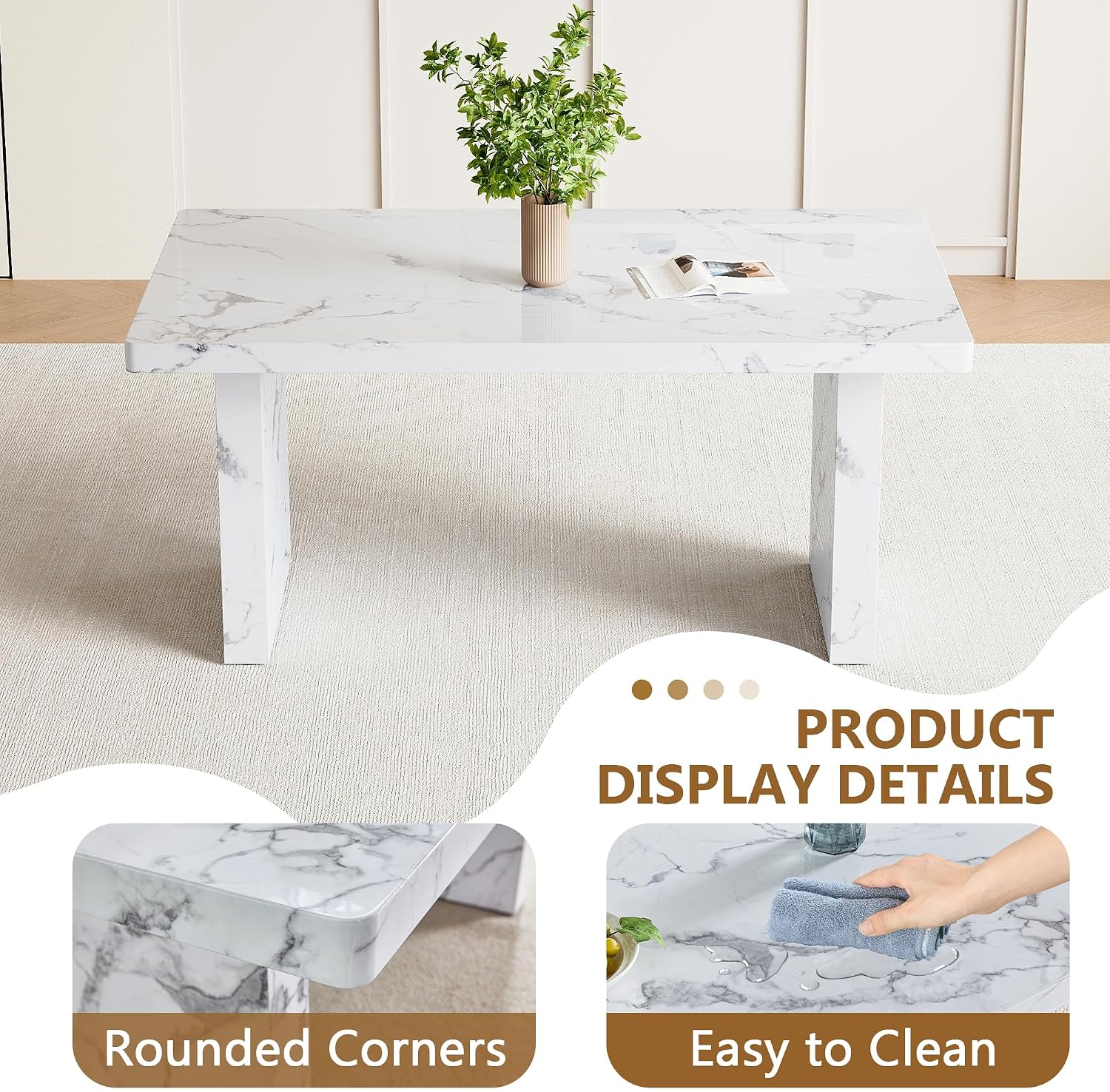 63" Dining Table Set for 6, White Faux Marble Dining Room Table and 6 PU Leather Chairs with Silver Metal Legs, Easy Assembly Kitchen Dining Set for Home, Apartment