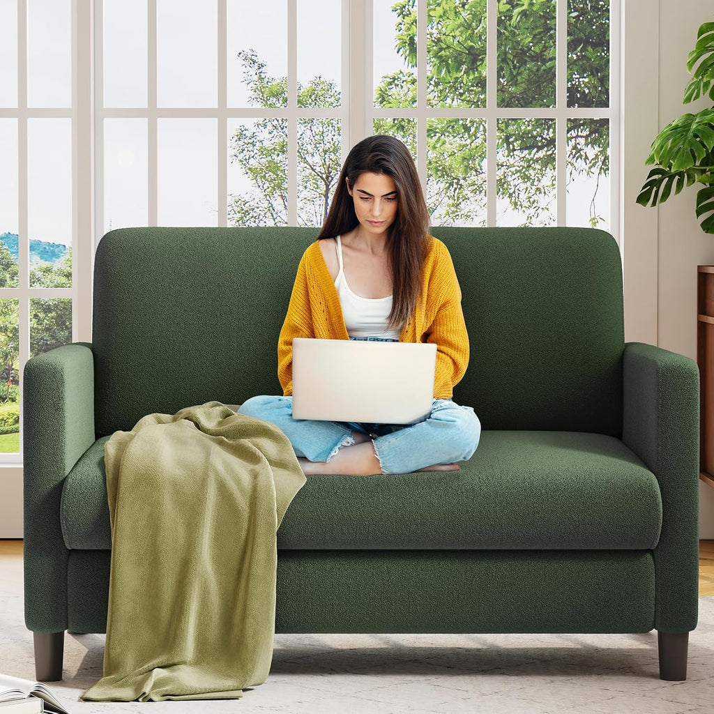 Welzona Loveseat, 51" Small Couch, Teddy Love Seat, Small Loveseat Sofa | Comfy Teddy Fabric, Tool-free Setup, Washable Covers, All-wood Small Sofa Couch for Living Room, Bedroom, Small Spaces, Green