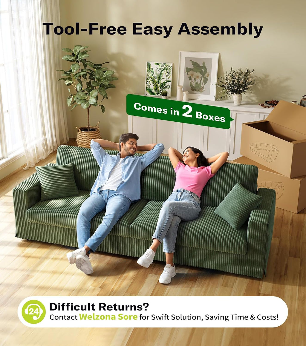 Welzona 101" Sofas for Living Room, Oversized Couch,Couches for Living Room | Comfy Corduroy Couch, Tool-Free Setup Sofa Couch, 6.3" Extra Wide Armrest, All-Wood Modern Couch For Bedroom, 2 Pillow, Green