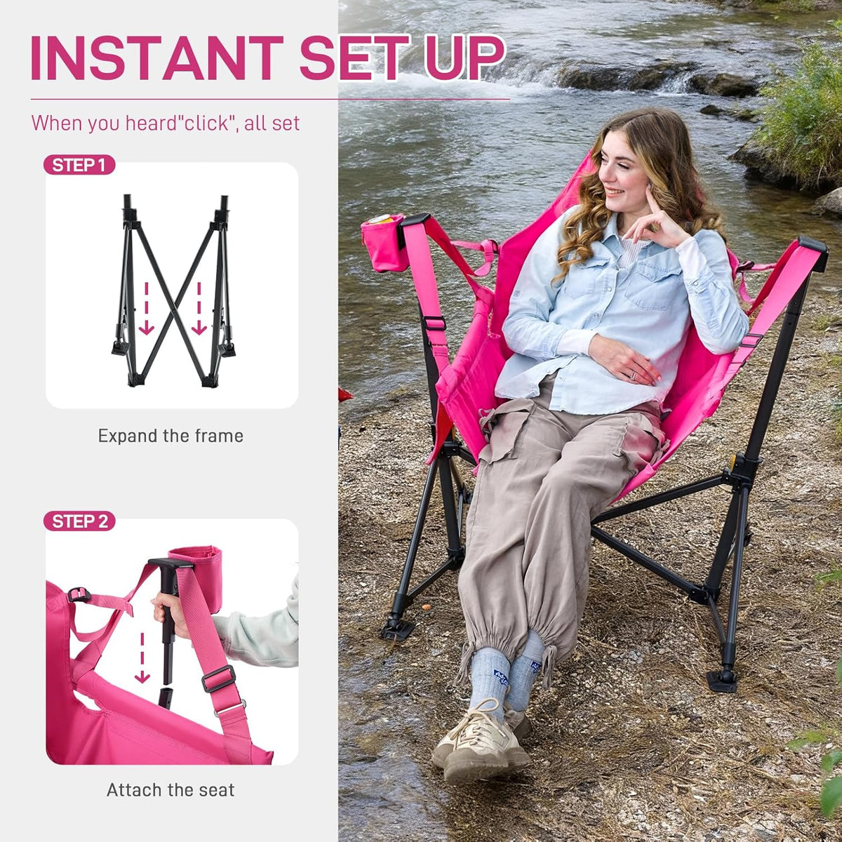 EVER ADVANCED Padded Oversized Hammock Camping Chair, Compact Heavy Duty Swing Chair with Multi-Storage Pockets, Portable Folding Rocking Camping Chair, Support Up to 400lbs, Pink