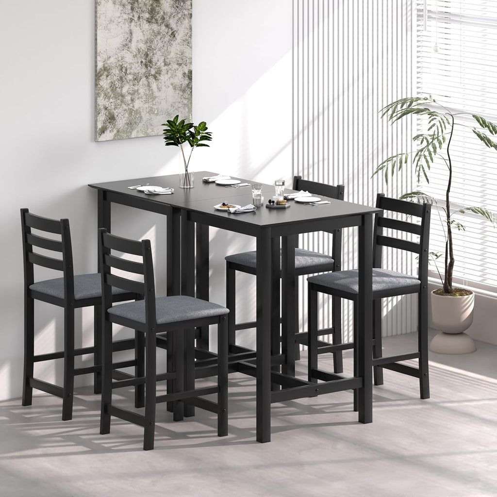 27.5 inch Bar Table and Chairs Set, Solid Wood Bar Height Pub Table and Chairs Set of 4, Counter Height Table Set, Square High Top Table and Chairs Set for Dining Room